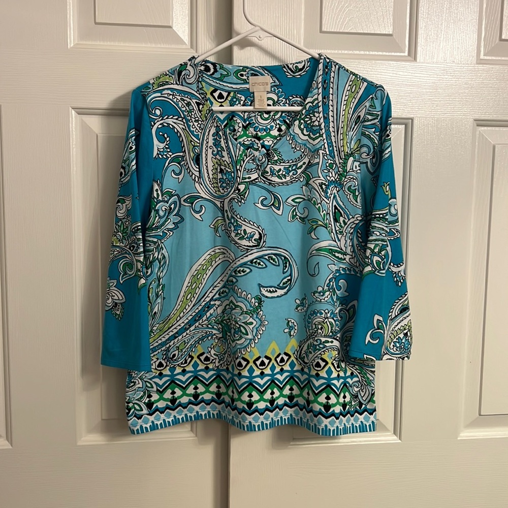 C4- Chico's Blue Green Pullover Tunic Paisley Blouse Long Sleeve Top Size 1
